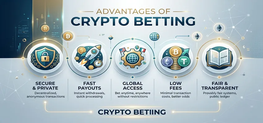 Key advantages of crypto betting including fast transactions, anonymity, and low fees