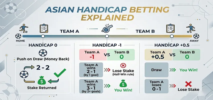 Visual explanation of Asian handicap betting and handicap line examples