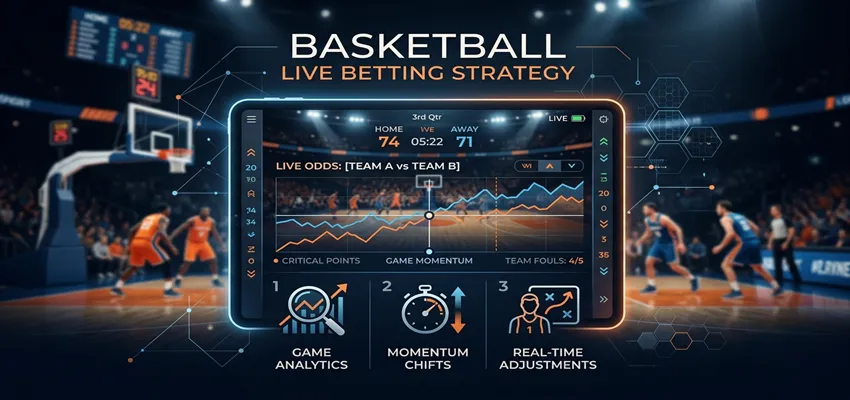 Live basketball betting strategy showing in-play betting tactics, odds changes, and momentum-based decision making