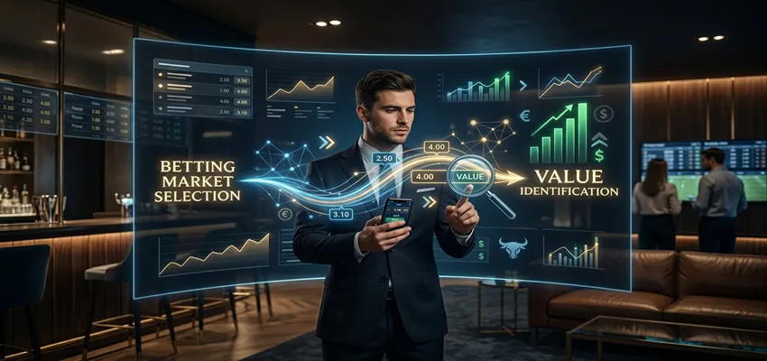 Betting market selection and value identification in sports betting focusing on comparing odds, finding value bets, and choosing optimal markets