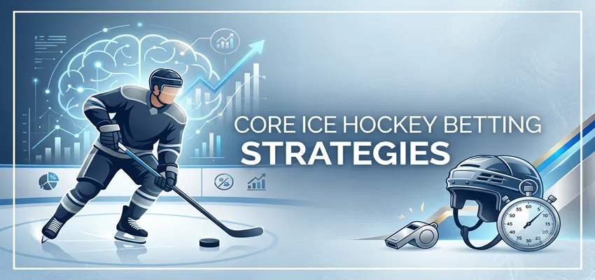 Infographic presenting core ice hockey betting strategies with match analysis, odds evaluation, and tactical breakdown
