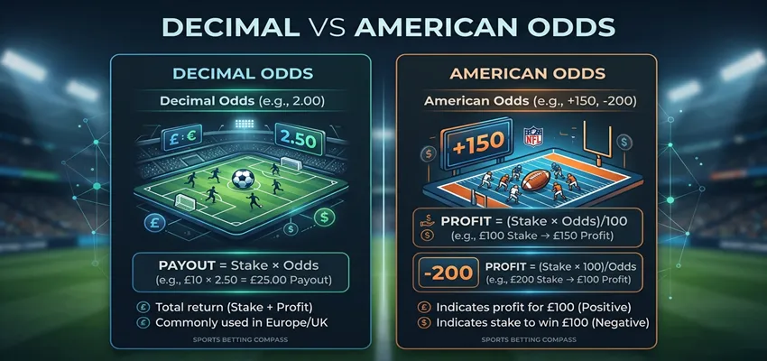 Comparison chart showing the difference between decimal odds and American odds formats in sports betting with example values.