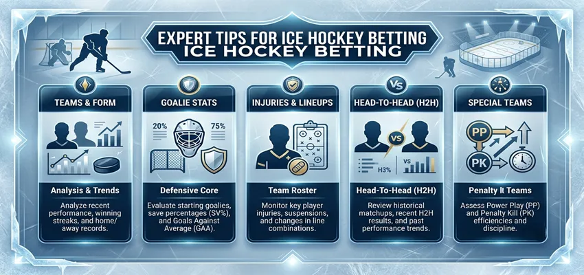 Guide-style visual featuring expert tips for ice hockey betting, including advanced analysis and winning strategies
