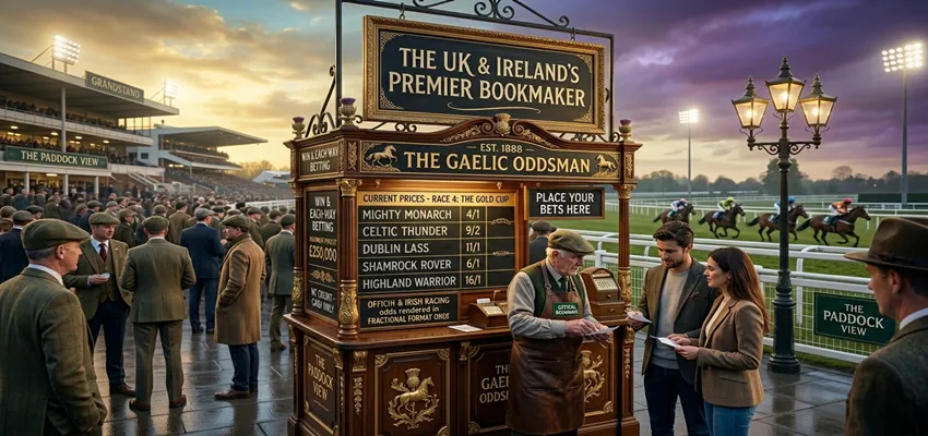 Horse racing scene showing fractional odds in betting markets.