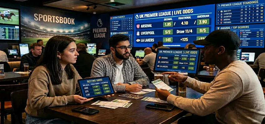 Friends reviewing how to read betting odds on a laptop and smartphone while learning how to interpret different odds formats.