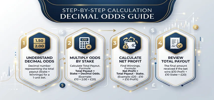 Step-by-step breakdown of how to calculate betting returns using decimal odds, including stake, odds, and total payout formula.