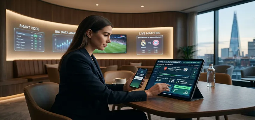 Futuristic sportsbook interface powered by artificial intelligence and automated betting systems