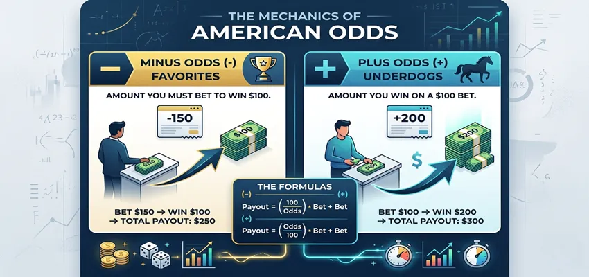 Shows how American odds work using + and - values.