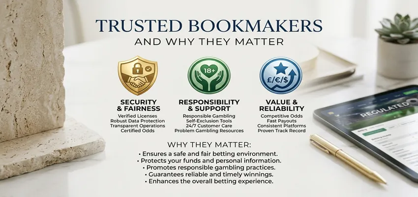 Trusted bookmakers in sports betting highlighting secure platforms, licensing, fair odds, and user confidence in wagering
