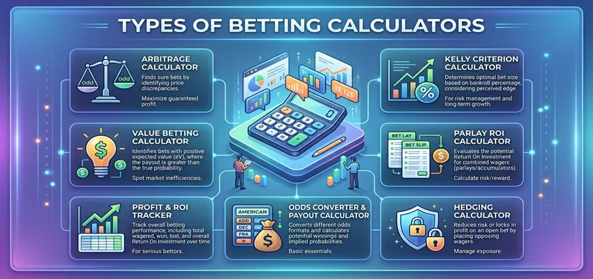 Different types of betting calculators including odds converter, profit calculator and probability tools