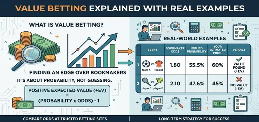 Sports betting strategy diagram showing how to find value bets and potential profit.