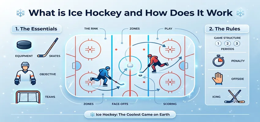 Educational illustration explaining how ice hockey works, including players, rink layout, and basic rules
