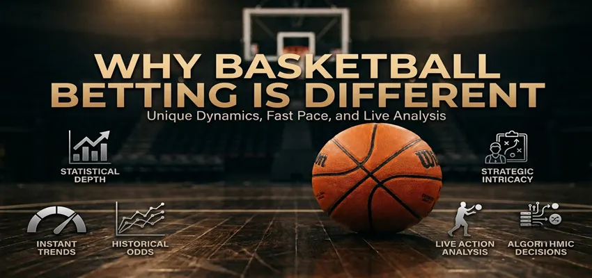 Infographic explaining why basketball betting is unique compared to other sports, focusing on pace, scoring runs, and live odds movement