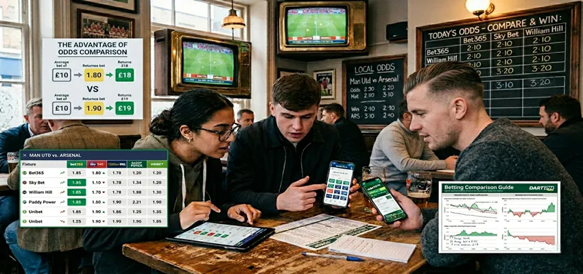 Bettor comparing odds from multiple sportsbooks to find the best value and maximize potential returns.