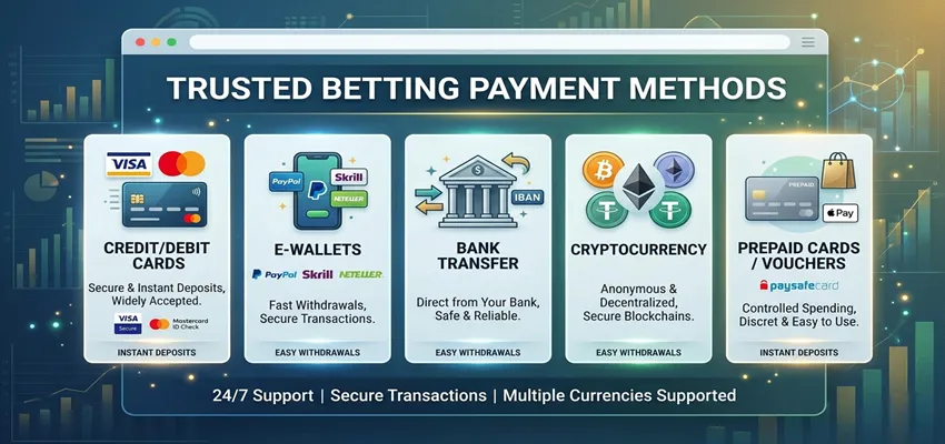 Various online betting payment methods including cards, e-wallets, and crypto options