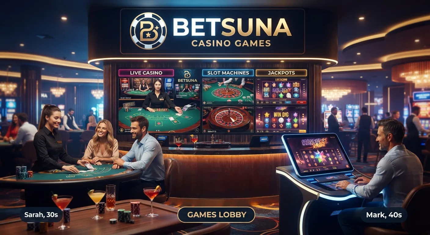 Betsuna casino games including slots, live casino tables, and popular online titles