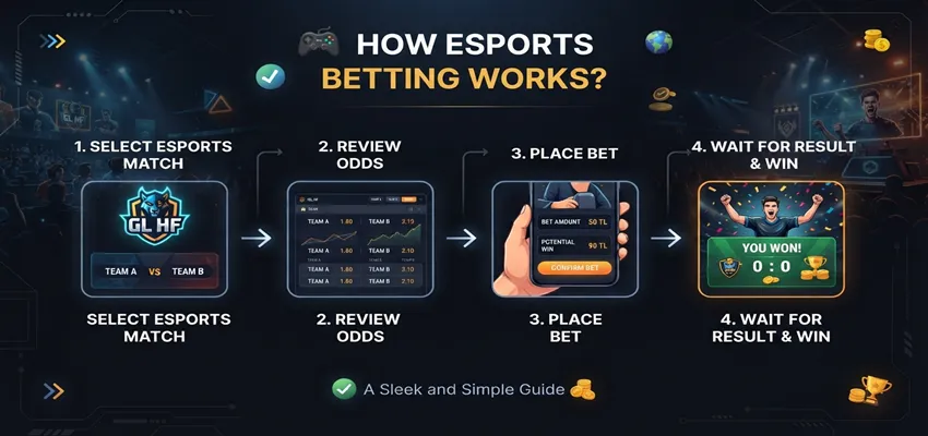Explanation of how esports betting works, including markets, odds, and wagering process.