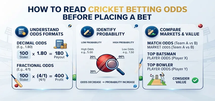 Understand how to read cricket betting odds with this guide explaining decimal, fractional, and other odds formats