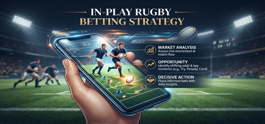 Live rugby betting strategy during a match, highlighting in-play odds movement and real-time betting decisions.