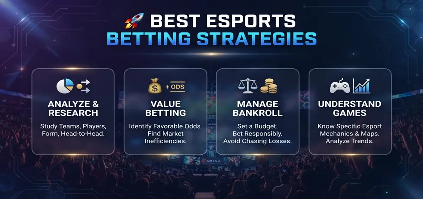 Guide showcasing the best esports betting strategies to improve long-term betting success.