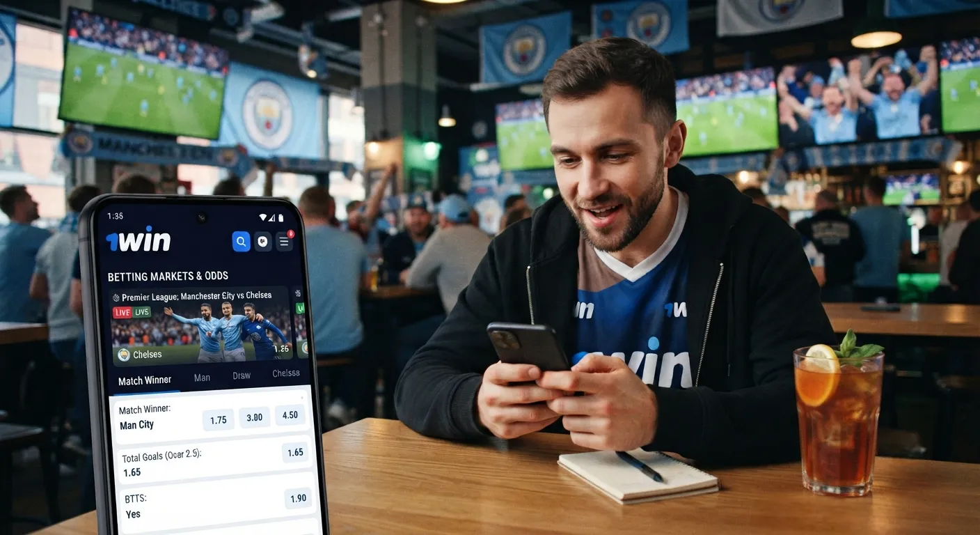 1Win betting markets and odds interface featuring football, live betting options, and competitive sports wagering selections