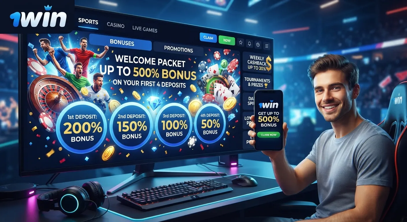 1Win bonuses and promotions page showing welcome offers, casino rewards, and sportsbook bonus deals for new players