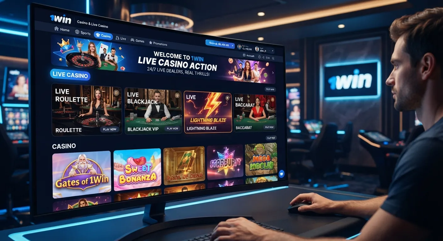 1Win casino and live casino section featuring online slots, table games, and live dealer gaming options