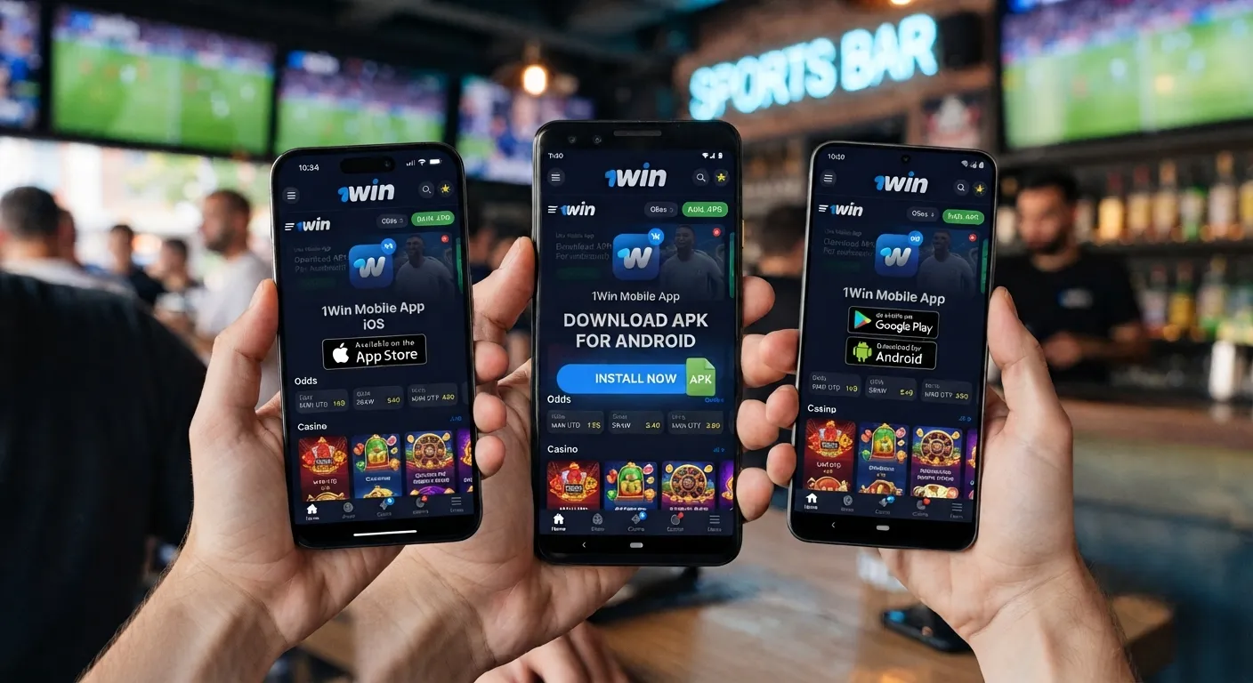 1Win mobile app and APK download page allowing users to access sports betting and casino games on smartphones