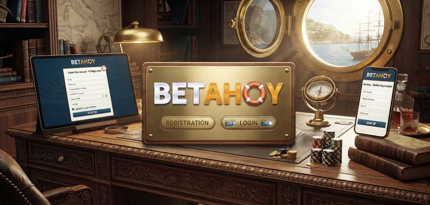 BetAhoy registration and login page showing how players can create an account and access betting features