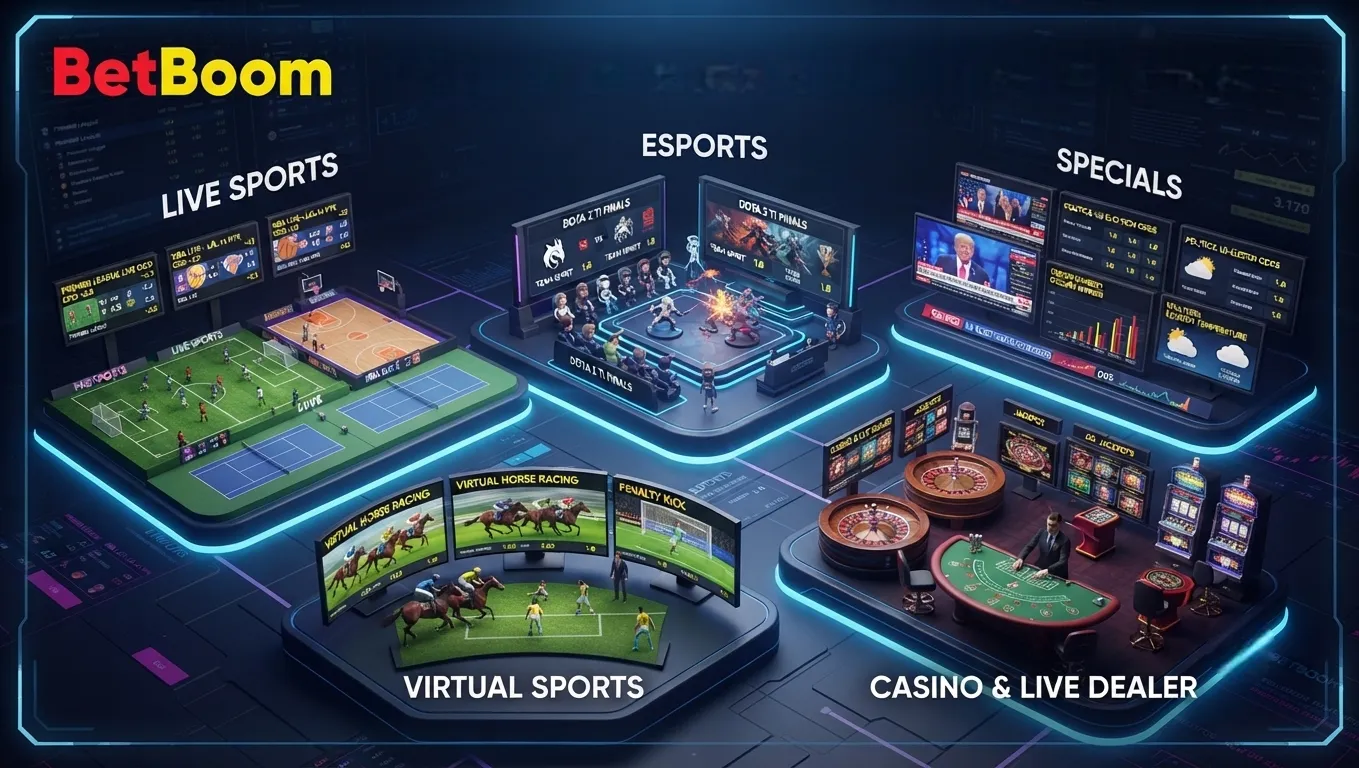 BetBoom sports betting markets featuring football, esports, live betting, and competitive odds