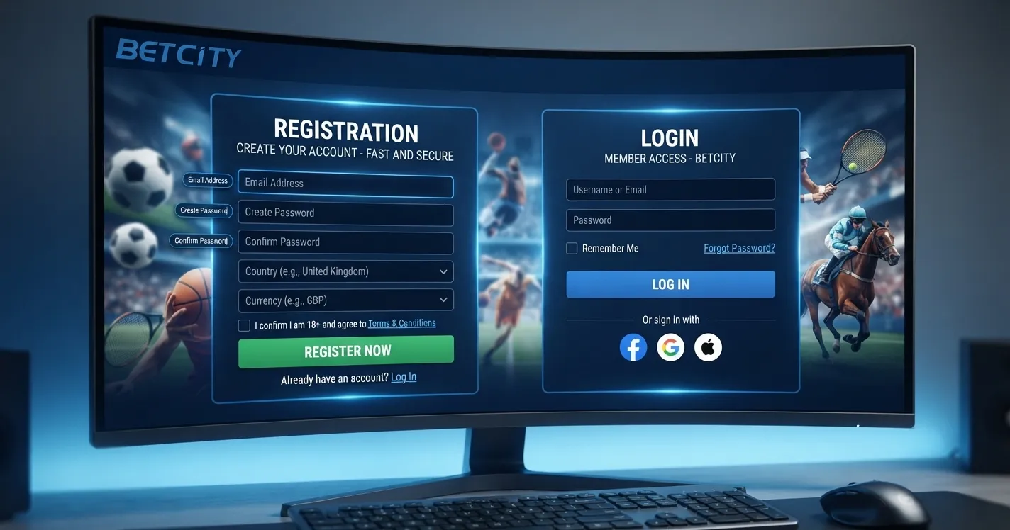 BetCity registration and login section for creating an account and starting online betting