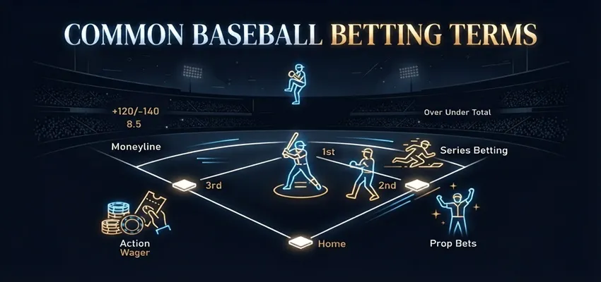 Common baseball betting terms including moneyline, run line and totals