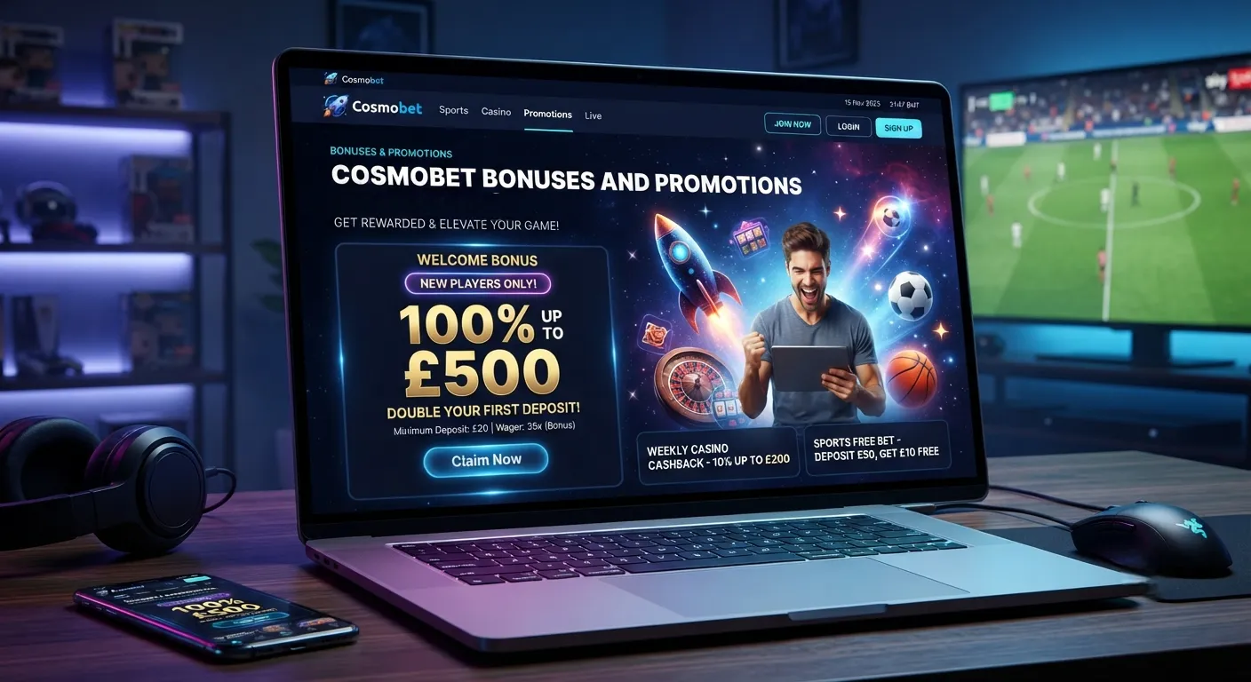 Cosmobet bonuses and promotions page showing available offers, welcome deals, and updated betting rewards for new players