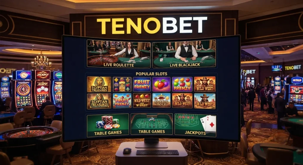 Tenobet casino games featuring slots, live casino tables, and popular online gaming options