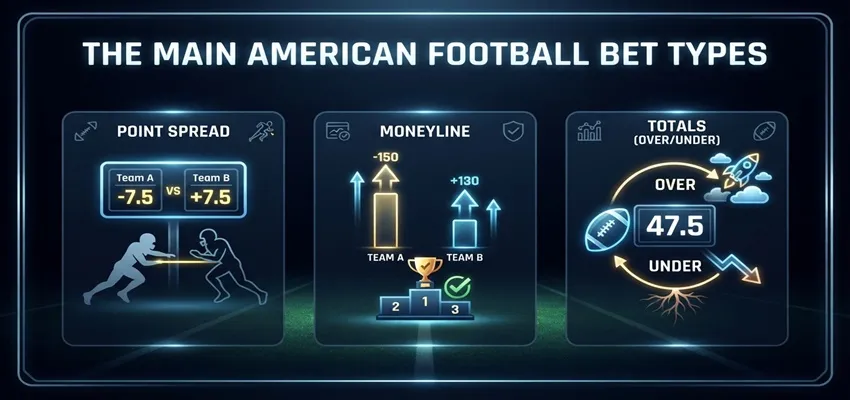 Main American football bet types including moneyline, point spread, totals and parlays