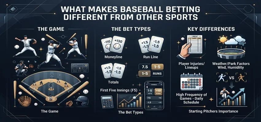 What makes baseball betting different from other sports, including MLB game format and betting markets
